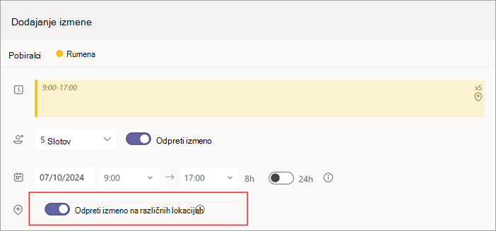 Posnetek zaslona, na katerem je prikazan preklopni gumb »Odpri izmeno po mestih« za odprto izmeno.