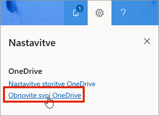 Meni »Nastavitve« za OneDrive za podjetja Online z označeno možnostjo za obnovitev
