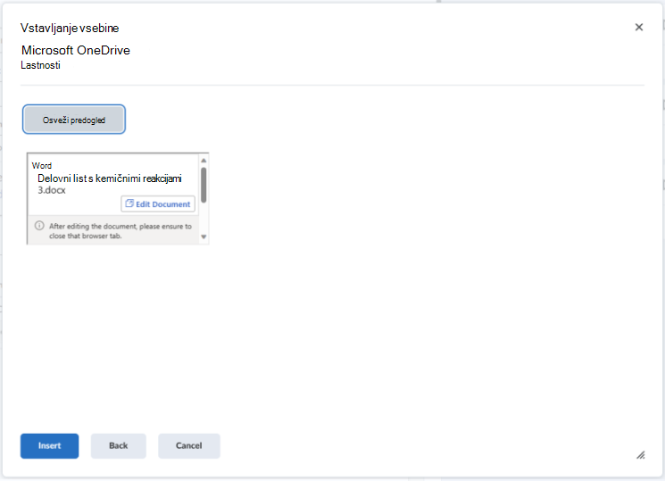 Z gumbom »Vstavi vsebine« vdelajte datoteko storitve OneDrive v urejevalnik Brightspace.