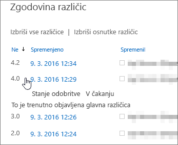 Zgodovina različic z eno izbrisano podrazličico