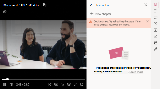 Na desni strani videoposnetka je odprto podokno Kazalo vsebine. Prikaže se sporočilo o napaki »Ni bilo mogoče shraniti. Poskusite osvežiti stran. Če težave ne morete odpraviti, znova naložite videoposnetek.«