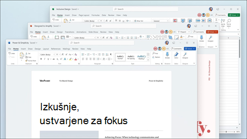 Word, Excel in PowerPoint, prikazani z vizualnimi posodobitvami na traku in zaokrožutimi koti, ki se ujemajo Windows 11 uporabniškim vmesnikom.
