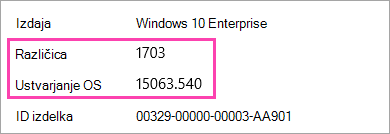 Posnetek zaslona prikazuje številke različice in izgradnja sistema Windows