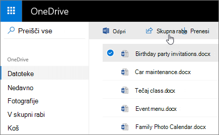 Posnetek zaslona izbrane datoteke ali gumba »Daj v skupno rabo« v storitvi OneDrive.