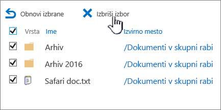 Koš na 2. ravni v programu SharePoint 2016 z vsemi izbranimi elementi in označenim gumbom za brisanje