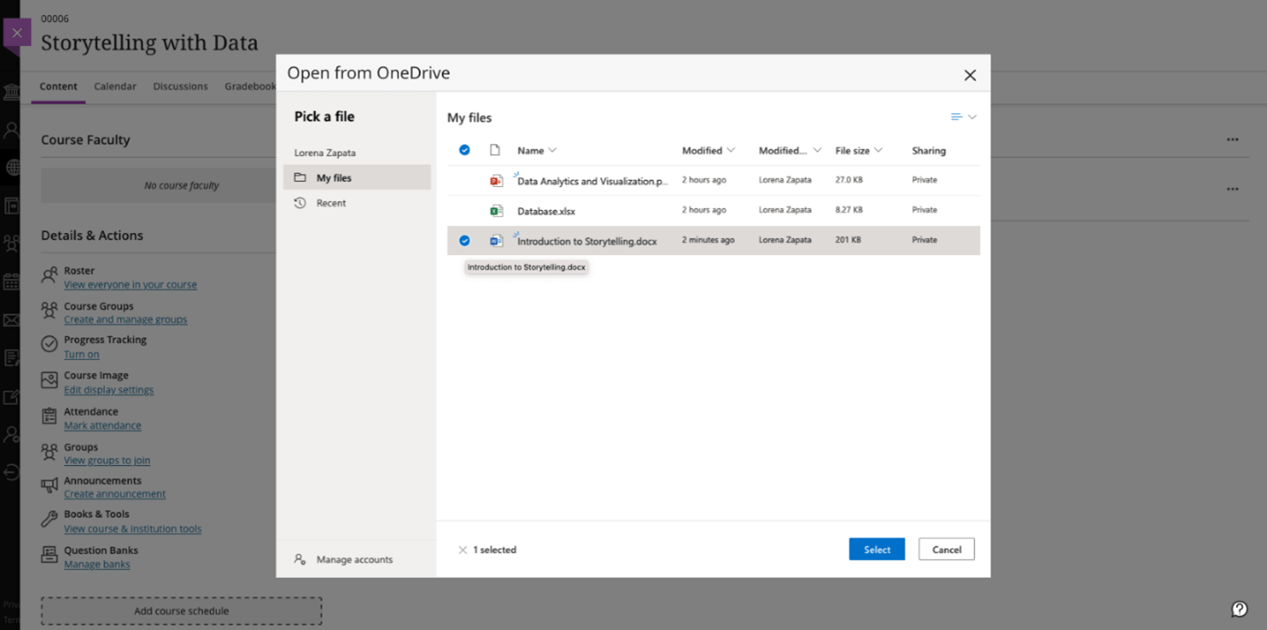 Posnetek zaslona tečaja za dodajanje datotek iz storitve OneDrive v aplikaciji Blackboard.