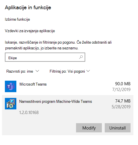 Korak v postopku odstranjevanja aplikacije Teams iz sistema Windows