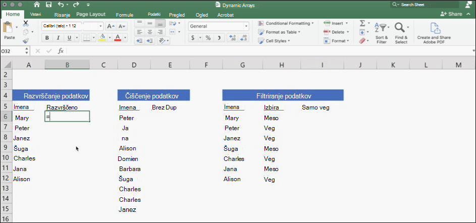 Posnetek zaslona Excela s podatki z dinamičnimi matrikami