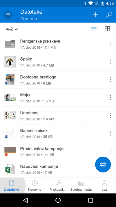Posnetek zaslona mobilne aplikacije storitve OneDrive z označenim gumbom »Datoteke«