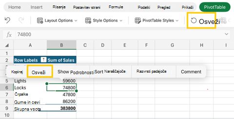 Posnetek zaslona osveževanja vrtilne tabele v Excelu za iPad