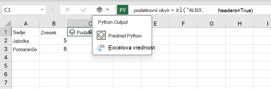 Izhodni meni Python v Excelovem delovnem zvezku.