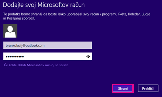Stran »Dodajte svoj Microsoftov račun« v Pošti v sistemu Windows 8