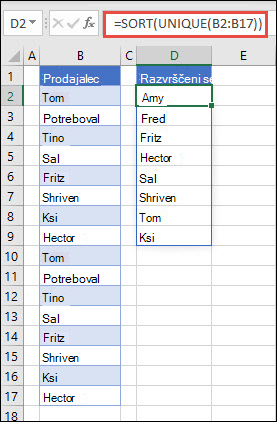 Uporaba funkcije UNIQUE s funkcijo SORT za vrnitev seznama imen v naraščajočem vrstnem redu