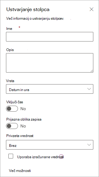 Posnetek zaslona podokna za ustvarjanje stolpca, ki ga lahko uporabite za dodajanje stolpcev na sezname.