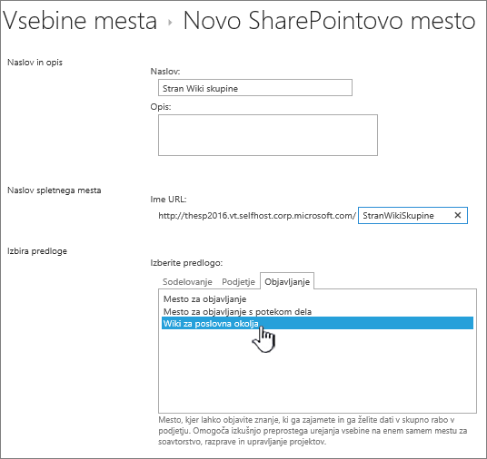 Označena možnost za dodajanje wikija za poslovna okolja