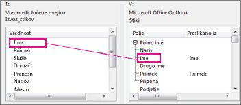 Preslikava stolpca iz Excela v Outlookovo polje za stik