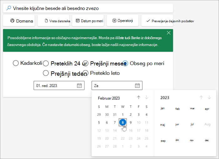 Posnetek zaslona orodja za izbiranje datuma, ko ste izbrali obseg po meri