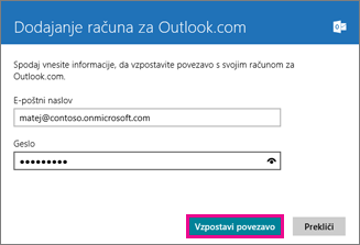 Stran »Dodajte svoj Outlookov račun« v Pošti v sistemu Windows 8