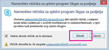 Zaupaj domeni vtičnika za spletni program Skype za podjetja