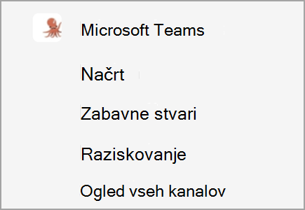 Ekipa z imenom Microsoft Teams ima kanale za oblikovanje, zabavne vsebine in raziskovanje. Več kanalov je skritih.