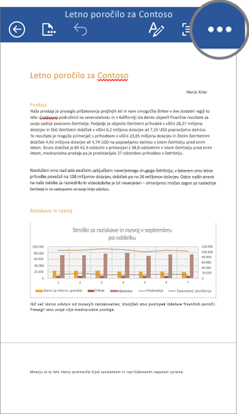 Posnetek zaslona datoteke v programu Word za naprave s sistemom iOS, z označeno ikono »Več«.