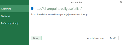 Pogovorno okno »Vzpostavljanje povezave med dodatkom Power Query za Excel in SharePointovim seznamom«