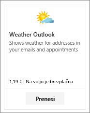 Posnetek zaslona Outlookovega dodatka Weather, ki je na voljo z brezplačno preskusno različico ali s plačilom.