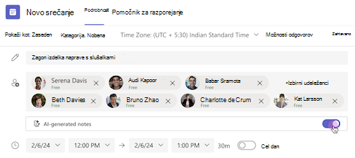Zapiski, ustvarjeni z AI, so vklopljeni v povabilu na srečanje v aplikaciji Teams.