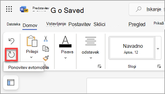 Gumb Ponovi v Microsoft Word v spletu.
