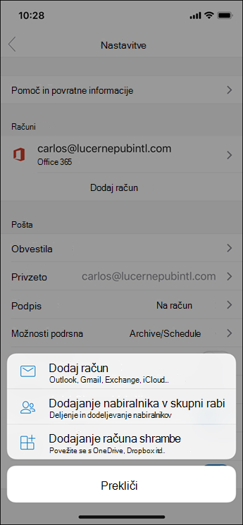 Dodajanje računa v Outlookovo aplikacijo