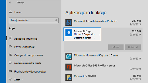 Dodatne možnosti za ponastavitev v brskalniku Microsoft Edge