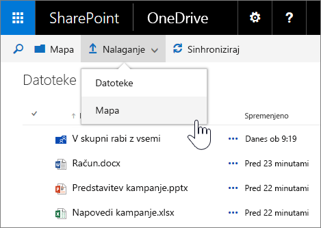 Posnetek zaslona mape, ki se prenaša v OneDrive za podjetja v strežniku SharePoint Server 2016 s paketom funkcij 1