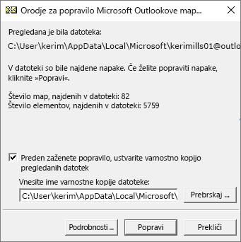 Prikaže rezultate pregledane Outlookove podatkovne datoteke .pst z Microsoftovim orodjem za popravilo mape »Prejeto« SCANPST. EXE