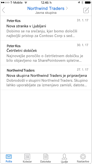 Pogled pogovora v programu Outlook Mobile