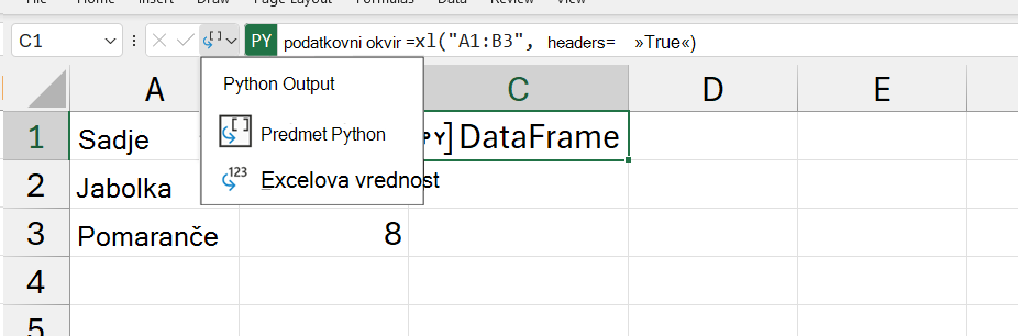 Odprt izhodni meni Python v Excelu.