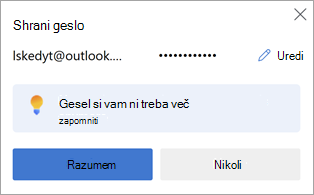 Poziv v brskalniku Microsoft Edge, da shranite geslo za spletno mesto za poznejšo uporabo.