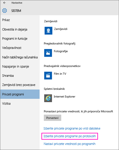 Posnetek zaslona z nastavitvijo »Privzete nastavitve po programu« v sistemu Windows 10.