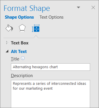 Snimak ekrana oblasti alternativnog teksta okna „Oblikovanje oblika“ koji opisuje izabranu SmartArt grafiku