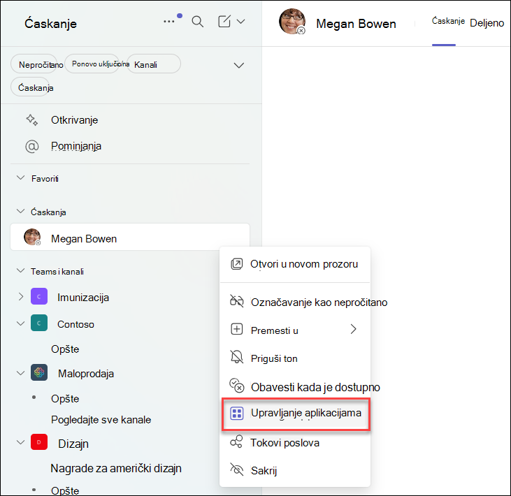 Snimak ekrana upravljanja aplikacijama u Teams ćaskanju