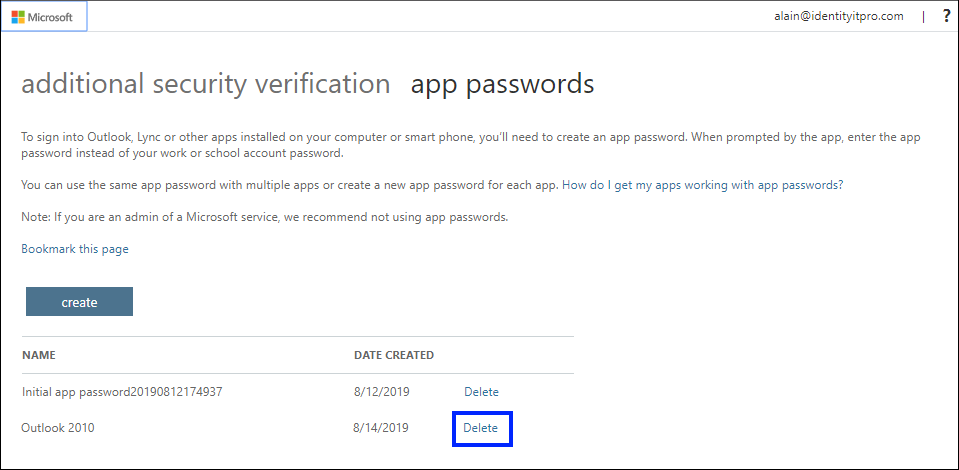 Snimak ekrana koji prikazuje brisanje lozinke aplikacije na stranici "Lozinke aplikacije"