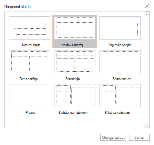The Slide Layout dialog box in PowerPoint za veb.