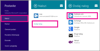 Stranice Windows 8 Mail menija: Postavke > Nalozi > Dodaj nalog