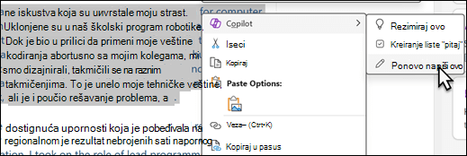 Neki tekst je izabran u programu OneNote. Prikazan je kontekstualni meni, sa izabranom stavkom "Copilot" i "Ponovo napiši ovo" u podmeni.