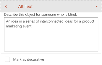Dijalog "Alternatini tekst" za oblik u PowerPoint za Android.