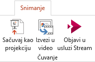 Komande Sačuvaj kao prikaz i Izvezi u video na kartici Snimanje u programu PowerPoint 2016.
