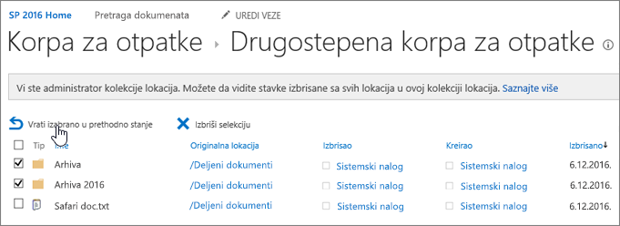 Recikliranje drugog nivoa sistema SharePoint sa istaknutim dugmetom "Vrati u prethodno stanje"