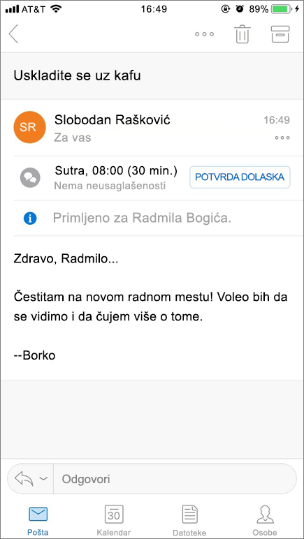 Snimak ekrana prikazuje ekran mobilnog uređaja sa stavkom e-pošte.