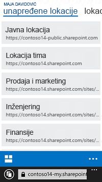 Promovisane lokacije u sistemu SharePoint Online na mobilnom uređaju