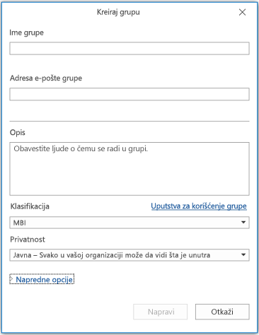 Informativna stranica nove grupe u programu Outlook