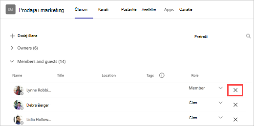Snimak ekrana liste članova tima sa opcijama dodavanja člana, pretrage i uklanjanja. Izaberite X sa desne strane imena člana tima da biste ga uklonili.